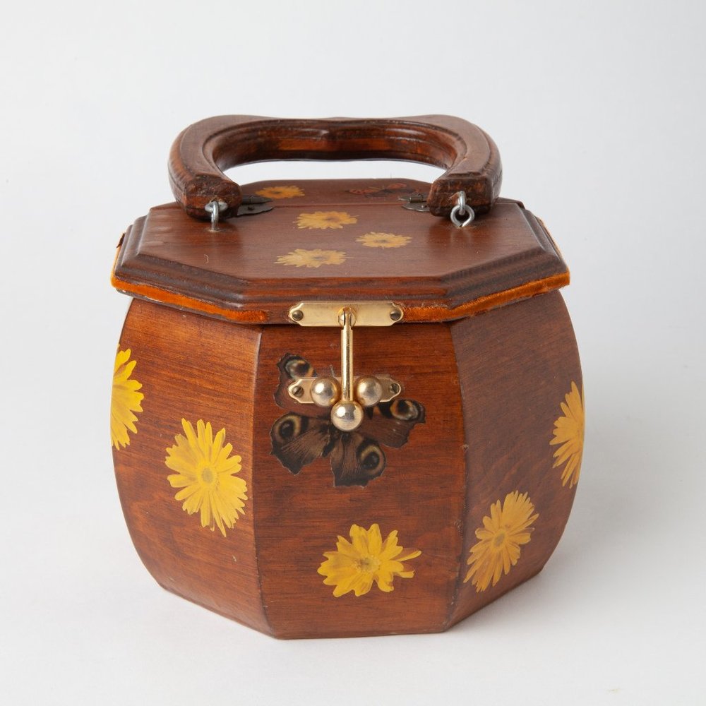 Vintage 1970s Wooden Floral Butterfly Octagon Purse Handel Decoupage Wood Bag